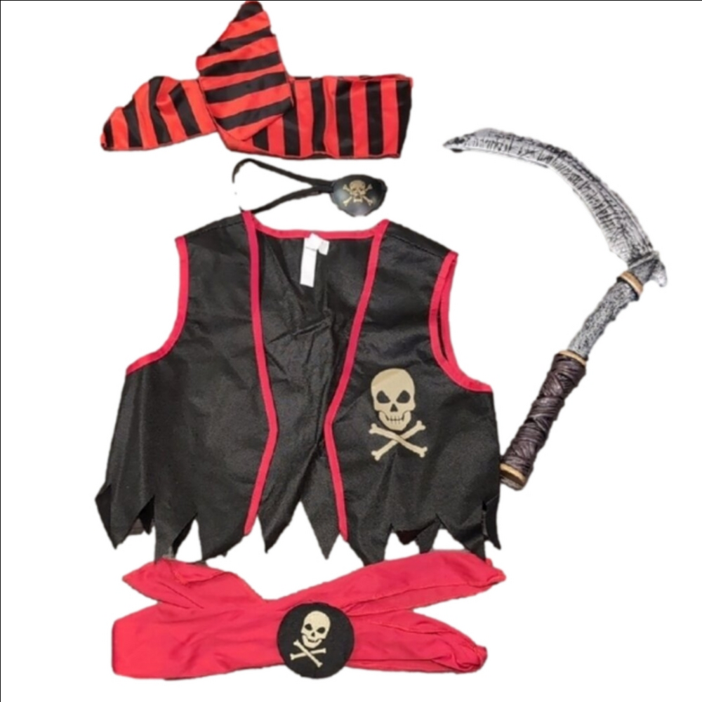 Pirate Costume Set - Black and Red Unisex Kids One Size Vest Eye Patch